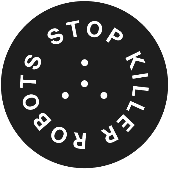 Stop Killer Robots musta logo, jossa on valkoinen teksti ja neljä pistettä
